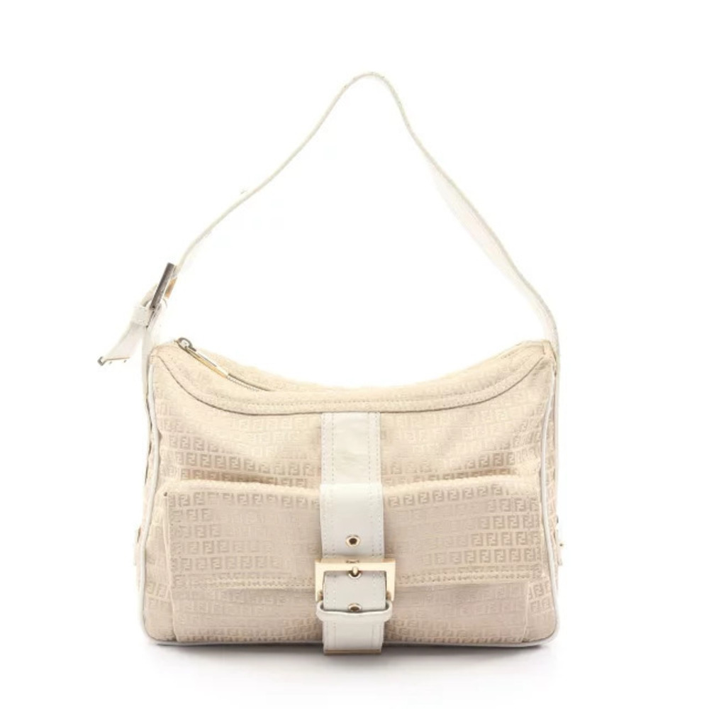 Fendi FF Shoulder Bag Canvas Leather Beige Cream White
